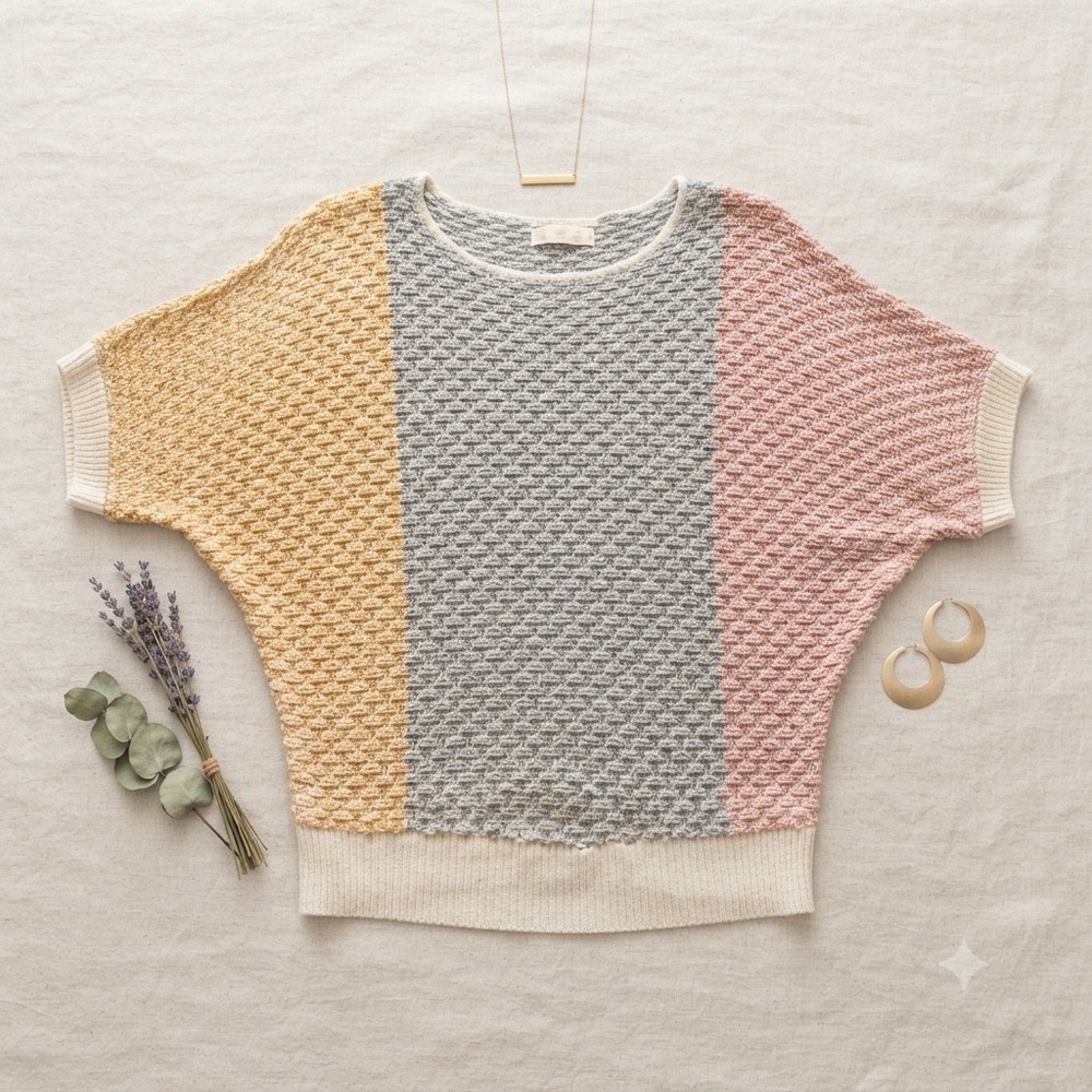 It's Pure Gould Knit Top W Multicolor Colorblock Crochet Short Sleeve Vintage